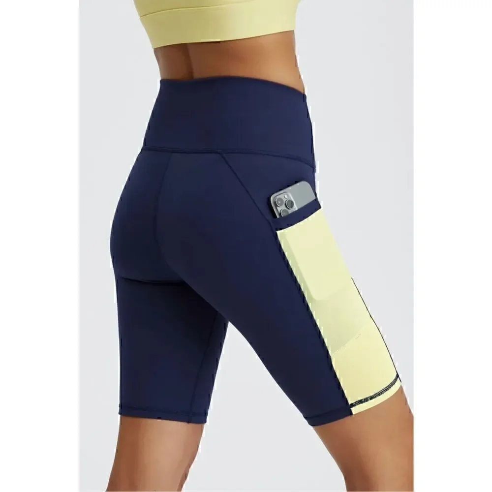 Fabletics Powerhold High Waisted Shorts Navy Blue Yellow Size Small - Picture 2 of 10
